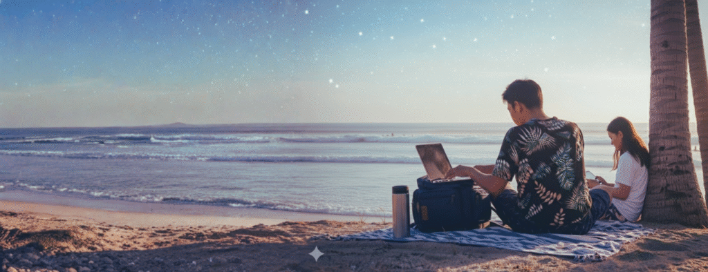 Male and female student sitting at the beach with their laptops and mobile devices